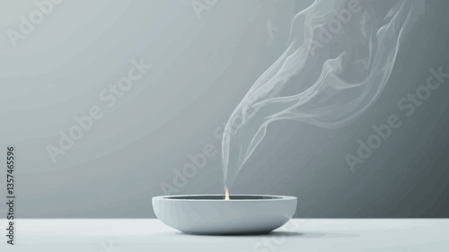 Close-up studio shot of a small, white, ceramic bowl on a white surface against a light grey background.  A wisp of white incense smoke rises from the bowl, creating an upward flowing, abstract