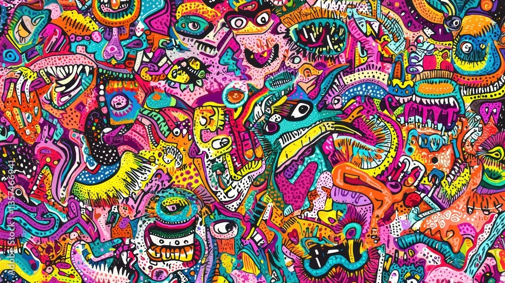 Vibrant, abstract, chaotic creatures filling background Vibrant, abstract, chaotic creatures filling background