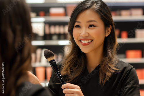 Smiling Asian beauty expert holding a makeup brush, consulting a customer at a luxury cosmetics store.
