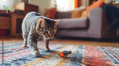 Silver tabby stalking a wind-up mouse on a vibrant multicolored rug