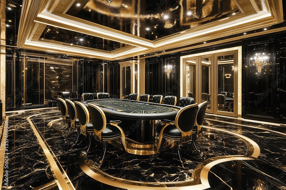 Obraz premium Luxurious Black and Gold Casino Room with Elegant Poker Table