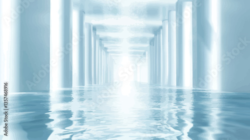 The image depicts a long, narrow hallway or corridor with numerous evenly spaced, tall columns or pillars on either side.  The walls and columns are a light, pale blue, almost white. The floor