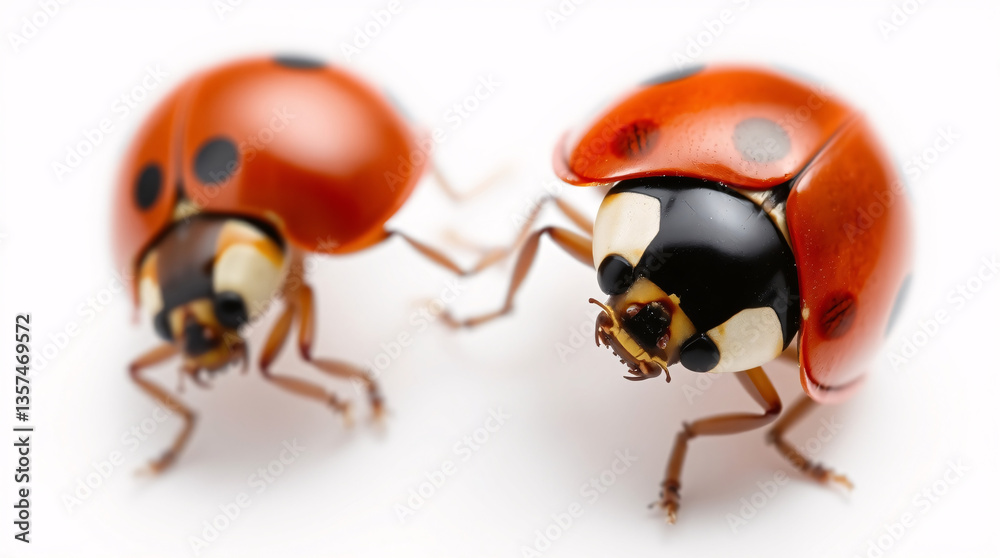Fototapeta premium Isolated ladybug with red and black spots on a white background, showcasing its distinctive pattern.
