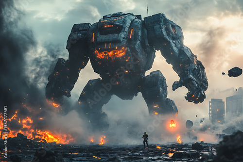 A colossal robotic figure looms over a devastated cityscape, amidst fiery destruction and smoke