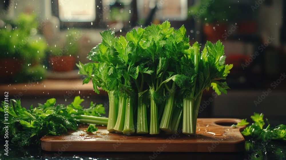 Fototapeta premium Kitchen Celery Wash, Fresh Herb Prep, Cooking