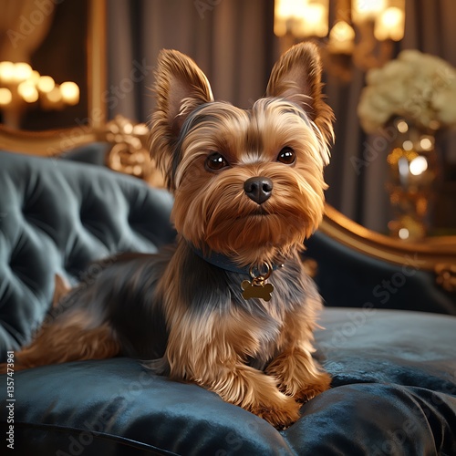Tiny but Grand Yorkshire Terrier Sitting Elegantly on a Luxurious Blue Couch in Royal Decor