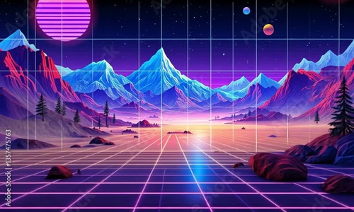 Synthwave Mountainscape: Retro Futuristic 80s Fantasy