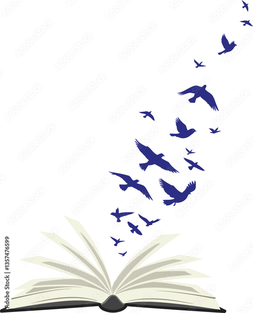 Open book with pages fluttering and blue birds flying upward in a minimal and inspiring design style vector illustration
