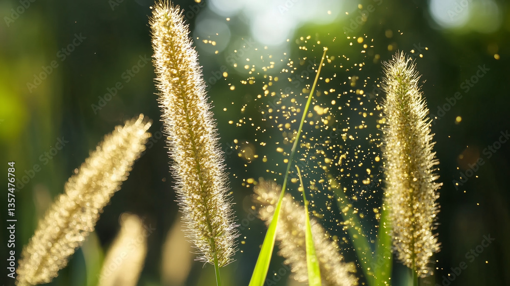 Obraz premium Pollen in Air Sparkling from Grass Blades in a Sunlit Field 
