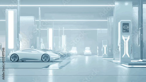 The image depicts the interior of a modern, minimalist electric vehicle charging station.  Multiple white electric cars are parked in designated charging spots. The station features sleek, white