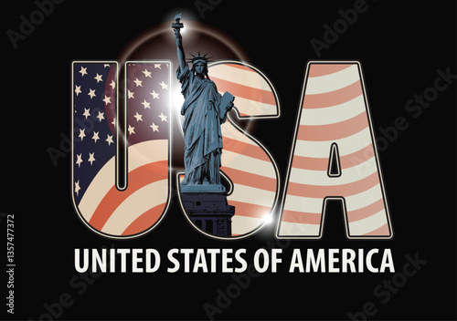 Vector banner with letters USA with Statue of Liberty, silhouettes of skyscrapers inside the letters on a dark background with a glare or flash. Design for t-shirt, postcard, flyer, travel brochure