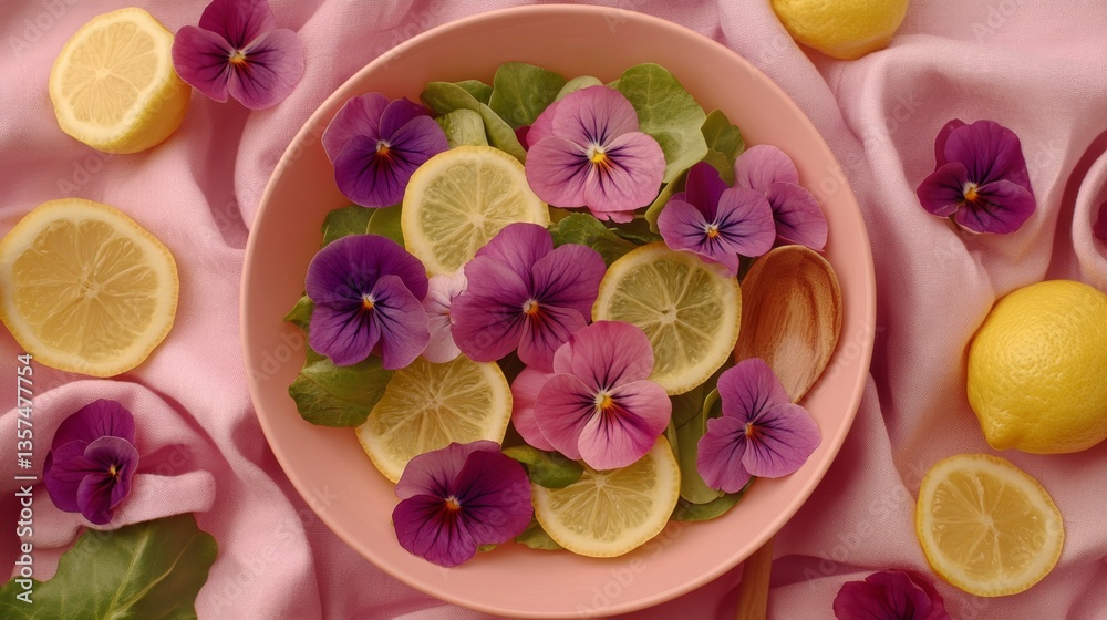 A top-view of a fresh spring salad with edible flowers, lemon slices, and a wooden spoon, set on a pastel linen cloth. A top-view of a fresh spring salad with edible flowers, lemon slices, and a wooden spoon, set on a pastel linen cloth.