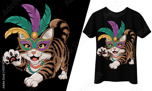 Mardi Gras Cat Mask Beads Feathered Feline T-Shirt Design.