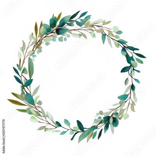 Wallpaper Mural A serene watercolor wreath made of various green leaves, perfect for decorative or artistic purposes. Torontodigital.ca