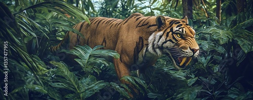 A saber-toothed tiger prowling through dense jungle foliage, sharp and lifelike