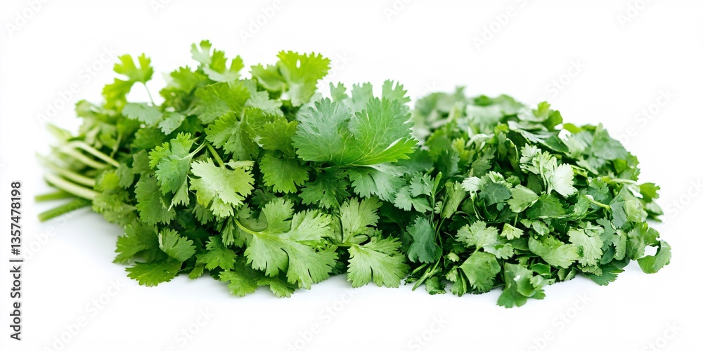 Obraz premium Aromatic Cilantro and Assorted Green Herbs Beautifully Displayed on White Surface