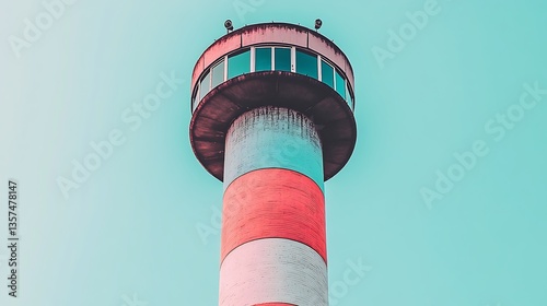 Pastel-colored control tower against a clear sky.