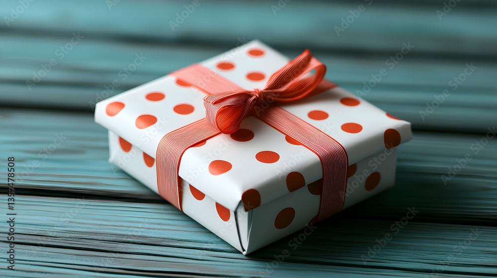 Small Gift Box with Red Polka Dots and Ribbon on Teal Wood