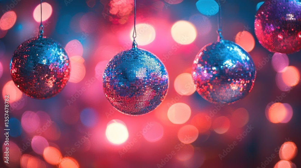 Fototapeta premium Glittery ornaments hanging, bokeh background, festive celebration, holiday card