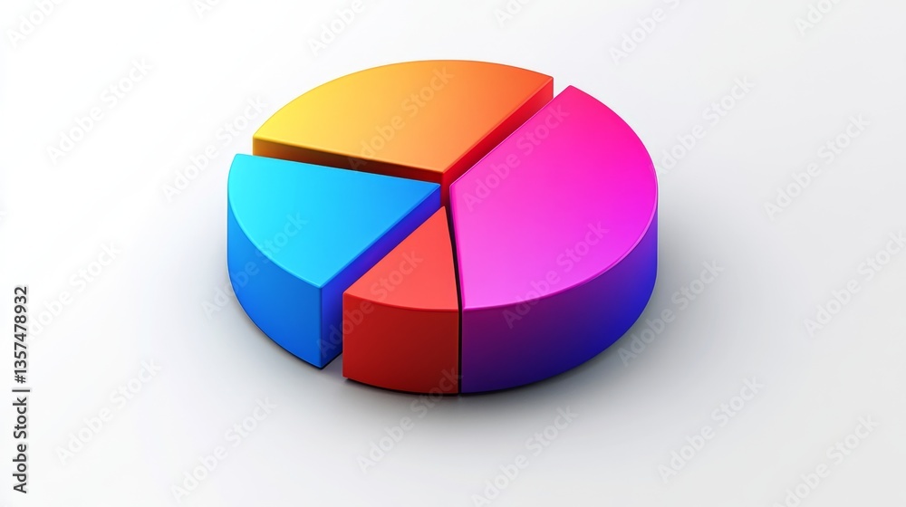 Obraz premium Clean D pie chart in isometric view with three bold-colored segments and a drop shadow for modern slides