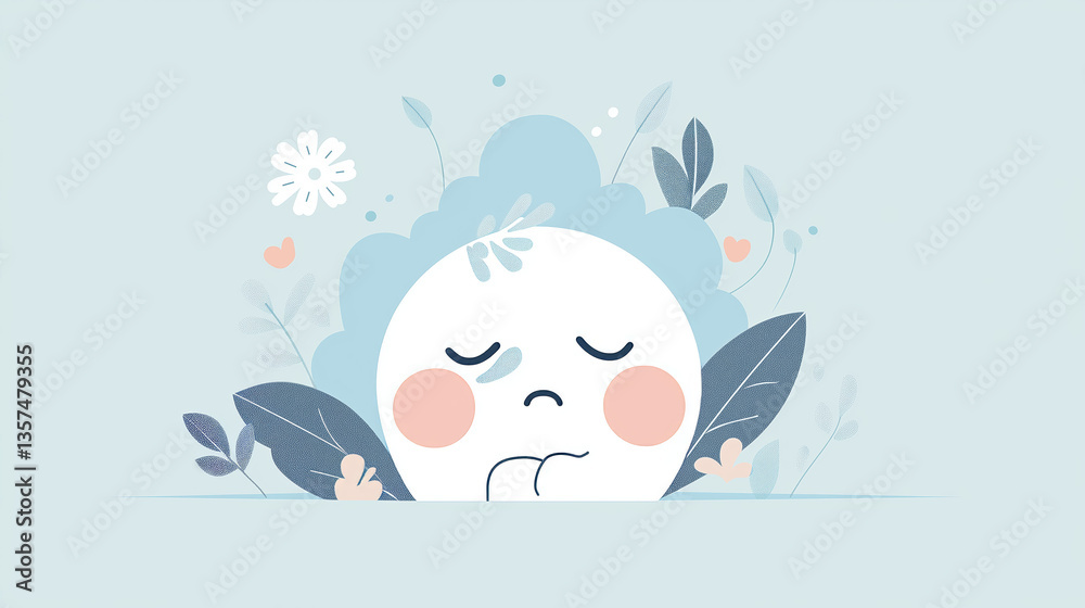 Sad character feeling spring allergies in a floral background Sad character feeling spring allergies in a floral background