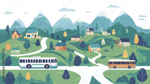 A stylized illustration depicting a landscape featuring a small village nestled in rolling hills and mountains.  The scene is rendered in a flat, vector style with simplified shapes and muted color