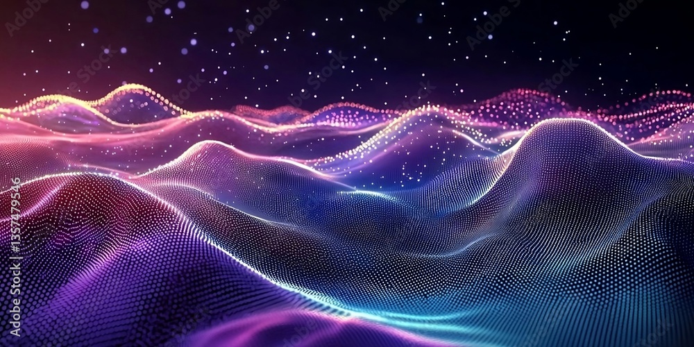 Fototapeta premium Technology background with connected dots on 3D wave landscape. Data science, particles, digital world, virtual reality, cyberspace, metaverse concept. AI generative