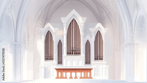 The image shows a pipe organ centrally positioned within a bright white church interior. The organ is composed of numerous vertical pipes, exhibiting a light brown hue, set within a framework that