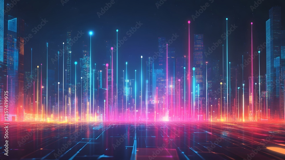 Abstract digital city with vibrant glowing lights illuminating the urban landscape. This mesmerizing artwork is a stunning visual representation of a modern metropolis Abstract digital city with vibrant glowing lights illuminating the urban landscape. This mesmerizing artwork is a stunning visual representation of a modern metropolis