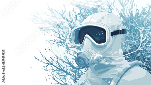 Close-up stylized image of a person wearing snow goggles and a winter jacket or suit. The background features stylized, frost-covered branches in shades of blue and white. The overall color palette