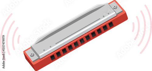 Detailed red harmonica emitting sound waves in a flat design style showcasing music and creativity in vibrant vector art