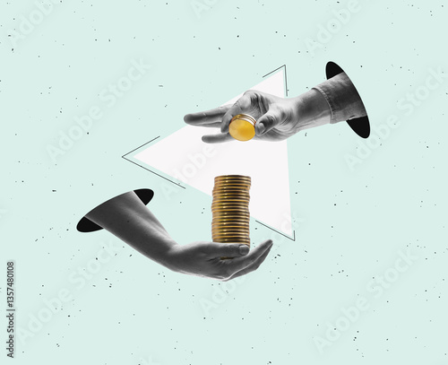Art collage. The hand holds coins between its fingers and gives the money away. Build a coin tower. Business transferring money from person to person.