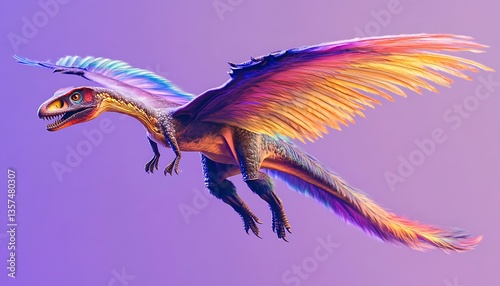 An archaeopteryx with vivid feathers shown on a solid pastel purple background, glowing softly