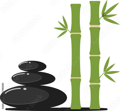 A tranquil arrangement of smooth black stones and green bamboo in a minimalistic style, evoking peace and serenity in vector art