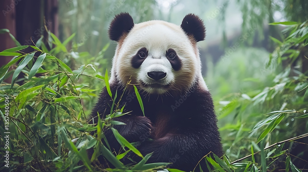 Obraz premium Adorable giant panda sitting amidst bamboo.