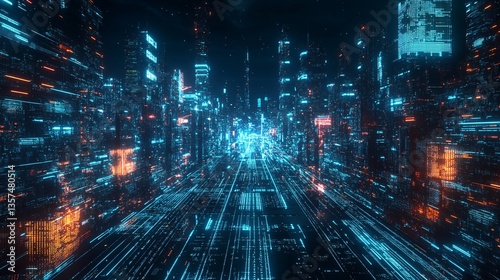 Intricate city skyline featuring glowing lines of fiber-optic technology at night
