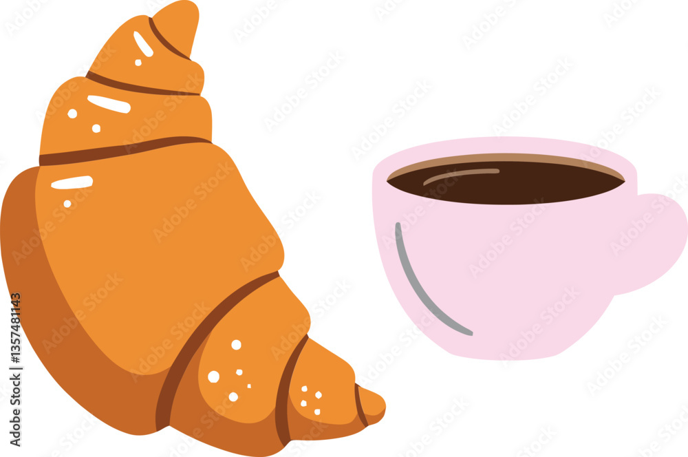 Warm croissant and steaming coffee cup in flat design style, perfect for breakfast lovers, depicting comfort and indulgence in vector art