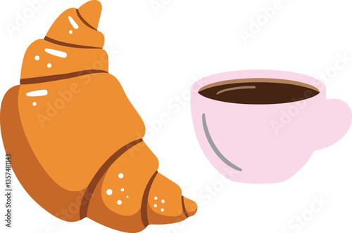 Obraz na płótnie Warm croissant and steaming coffee cup in flat design style, perfect for breakfast lovers, depicting comfort and indulgence in vector art w salonie
