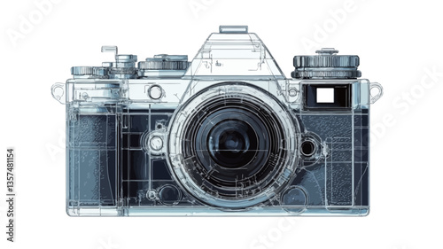 A frontal close-up shot of a transparent 35mm SLR camera against a white background.  The camera is depicted as though made of clear or translucent material, allowing the internal mechanisms to be