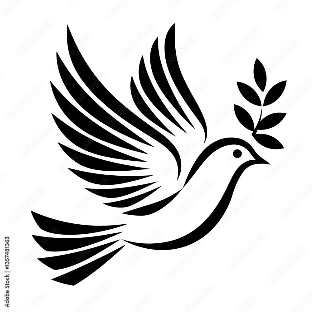 Obraz premium Minimalist Dove with Olive Branch, Black and White Peace Symbol, Elegant Vector Bird Illustration