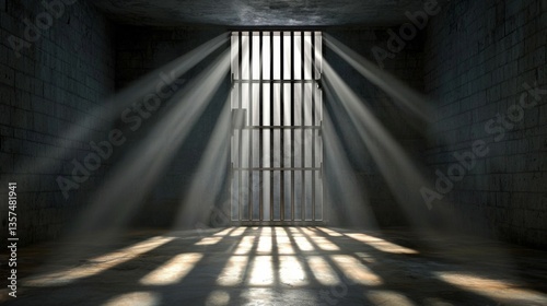Light beams streaming through prison bars create a dramatic atmosphere photo