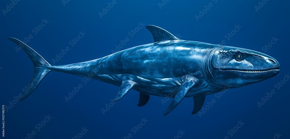 Naklejka premium An ichthyosaur with sleek, lifelike skin on a solid deep ocean blue background
