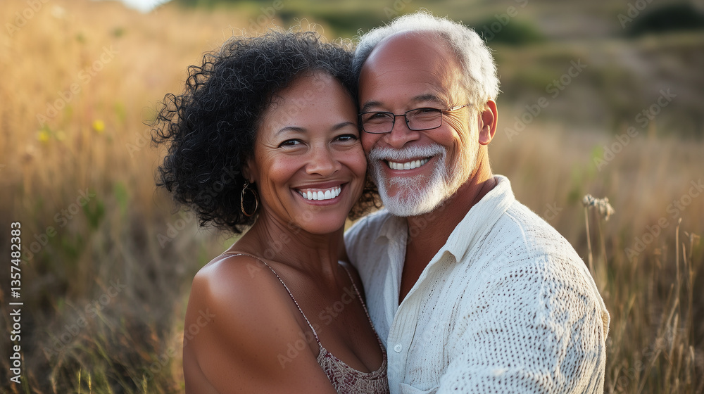 Obraz premium Mixed race couple, Portrait in the dunes of a pleased senior couple. Active lifestyle at elderly age, outdoor activity for retired people. Healthy lifestyle for aged people. Mockup for life insurance,