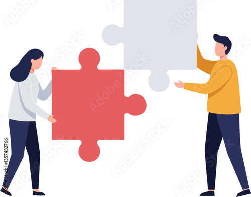 Two individuals collaborating to connect colorful puzzle pieces in a flat design style, emphasizing teamwork and problem-solving, vector art