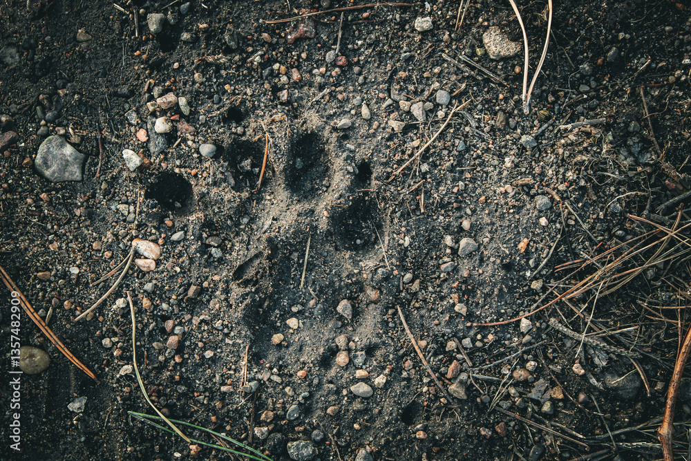 Fototapeta premium close-up of an animal footprint paw print in the dirt wildlife nature abstract nature background. tracks in the dirt pattern design element.