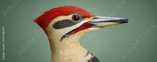 An ivory-billed woodpecker rendered against a solid pine green background, vibrant details