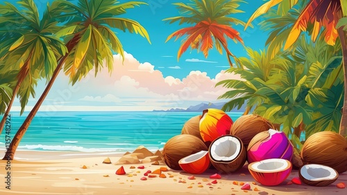 Halved coconuts with white flesh and brown shells arranged next to a whole coconut