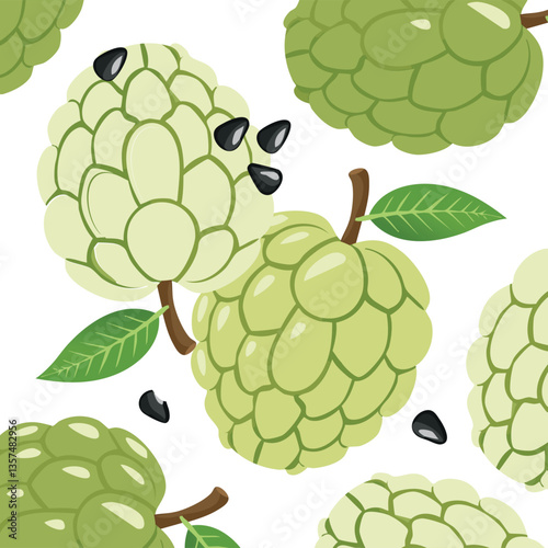 A contemporary abstract composition featuring custard apple and its slices, blending vibrant colors and dynamic shapes.