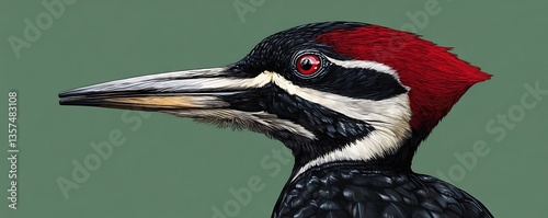 An ivory-billed woodpecker rendered against a solid pine green background, vibrant details
