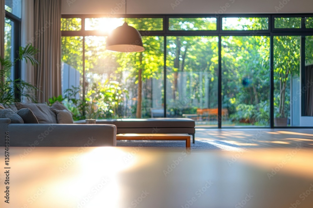 Fototapeta premium Serene Interior with Sunlight Streaming Through Large Windows Overlooking Lush Green Garden View Creating a Peaceful and Relaxing Atmosphere in a Modern Home